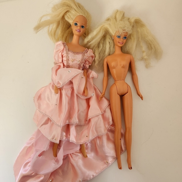 Barbie Other - Vintage Barbie Doll Lot of 2 Dolls Blonde Pink Ruffle Dress 90s 1990s Blue Eyes